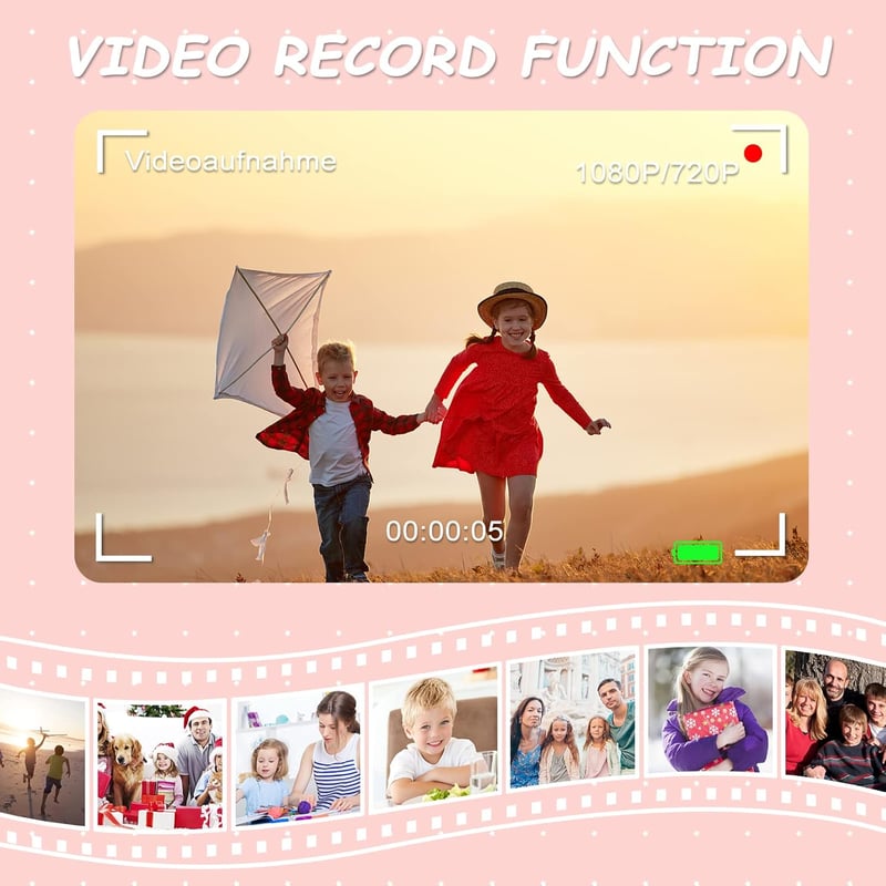 YYDadboy Gyerek Digitális Fényképezőgép, 1080P HD Videó, 2.0" Szemkímélő Kijelző, 32GB Micro SD Kártya, Játékokkal, Rózsaszín