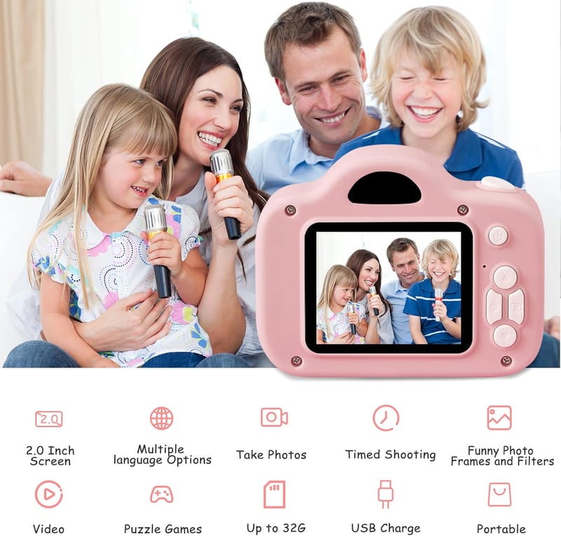 YYDadboy Gyerek Digitális Fényképezőgép, 1080P HD Videó, 2.0" Szemkímélő Kijelző, 32GB Micro SD Kártya, Játékokkal, Rózsaszín