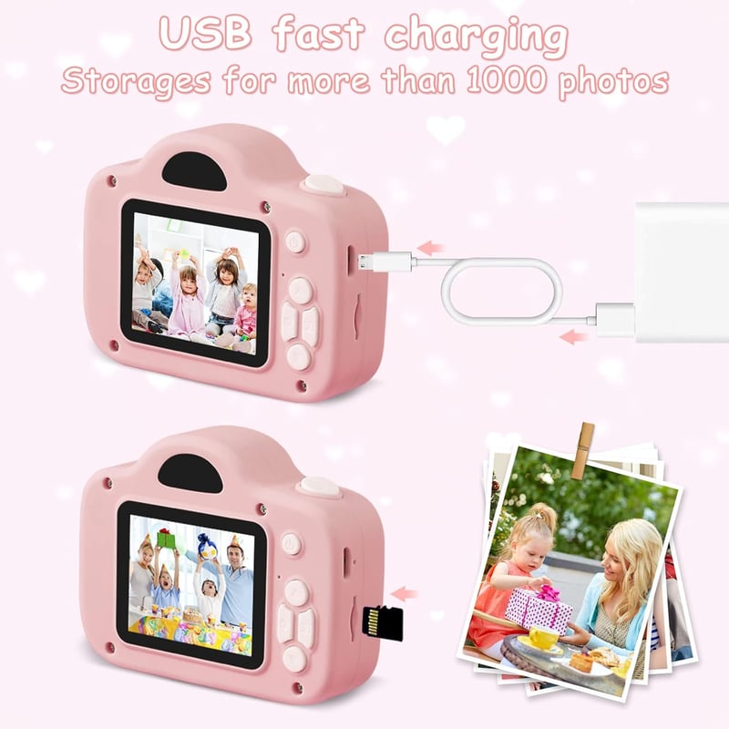 YYDadboy Gyerek Digitális Fényképezőgép, 1080P HD Videó, 2.0" Szemkímélő Kijelző, 32GB Micro SD Kártya, Játékokkal, Rózsaszín