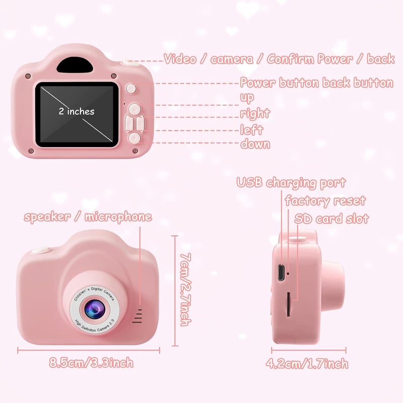 YYDadboy Gyerek Digitális Fényképezőgép, 1080P HD Videó, 2.0" Szemkímélő Kijelző, 32GB Micro SD Kártya, Játékokkal, Rózsaszín