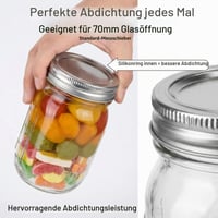 YYMT Viečka na zaváracie poháre z nehrdzavejúcej ocele, 6 ks, 70 mm Regular Mouth, skrutkovacie viečka so silikónovým tesnením, nepriepustné, opakovane použiteľné, strieborné 5