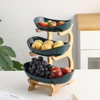 YYW 3-szintes Kerámia Gyümölcstartó Bambusz Alappal - Zöld Porcelán Tárolóállvány Konyhapultra Gyümölcsnek, Zöldségnek, Pékárunak 8