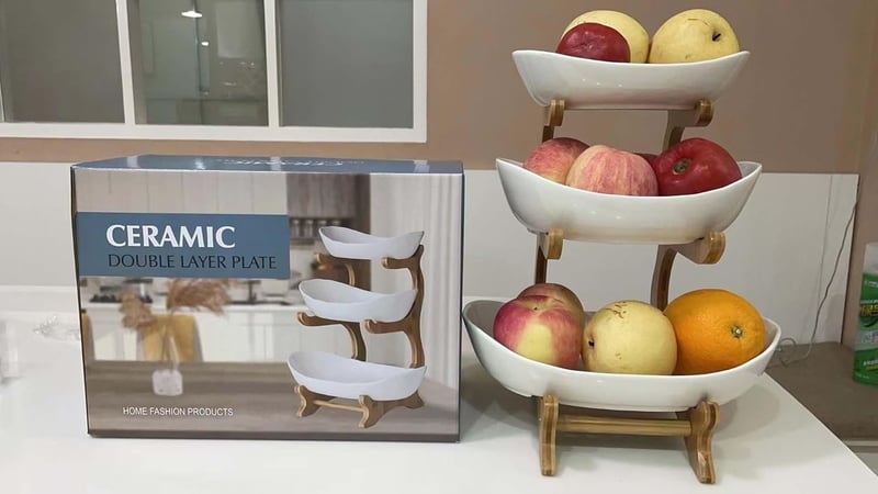 YYW 3-szintes Kerámia Gyümölcstartó Bambusz Alappal - Zöld Porcelán Tárolóállvány Konyhapultra Gyümölcsnek, Zöldségnek, Pékárunak