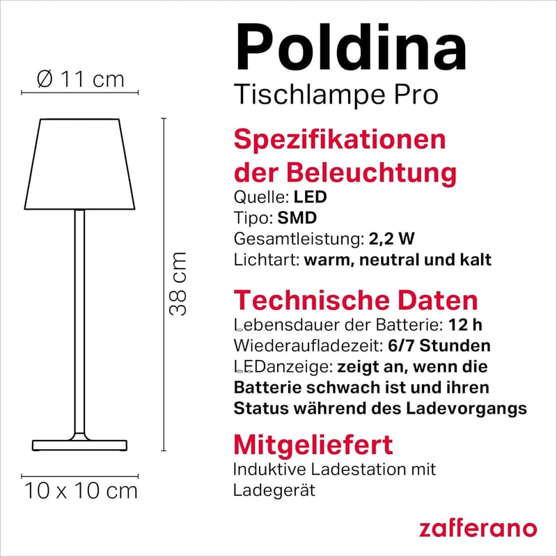 Zafferano Poldina Újratölthető LED Asztali Lámpa - Darkgray, Lamp with charger