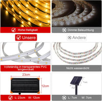 Bandă LED solară de exterior ZAIYW 15 m, IP68 rezistentă la apă, 300 LED-uri, alb cald, cu variator, telecomandă și temporizator, autoadezivă, pentru decorarea gardului de grădină 3