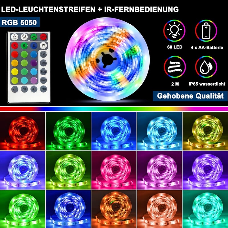 ZAIYW 2m RGB LED szalag távirányítóval, 60 LED 5050 vízálló háttérvilágítás - 2 Meter, Red / Green / Blue