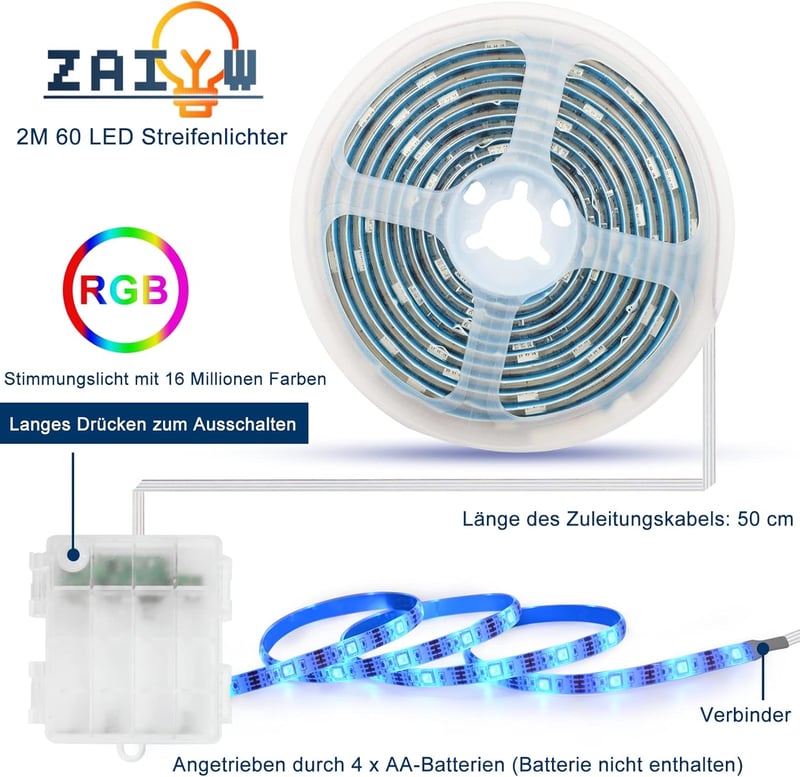 ZAIYW 2m RGB LED szalag távirányítóval, 60 LED 5050 vízálló háttérvilágítás - 2 Meter, Red / Green / Blue
