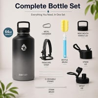 ZAKVOP 2 literes rozsdamentes acél termosz palack szívószállal és 3 fedővel fekete szürke - Black+grey 5