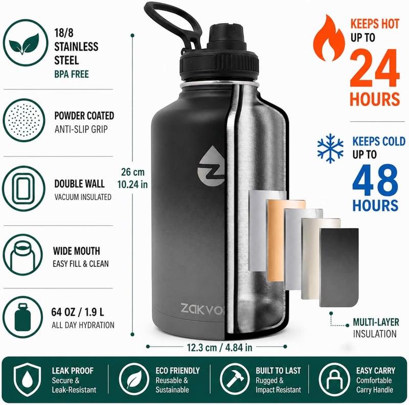 ZAKVOP 2 literes rozsdamentes acél termosz palack szívószállal és 3 fedővel fekete szürke - Black+grey