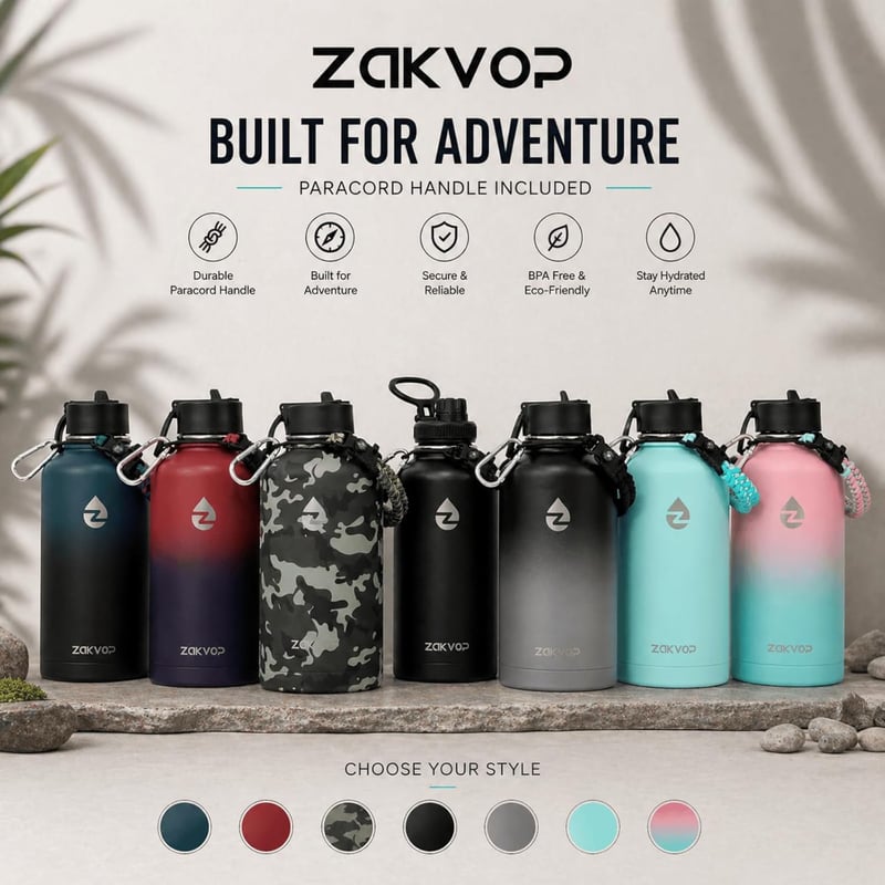 ZAKVOP 2 literes rozsdamentes acél termosz palack szívószállal és 3 fedővel fekete szürke - Black+grey
