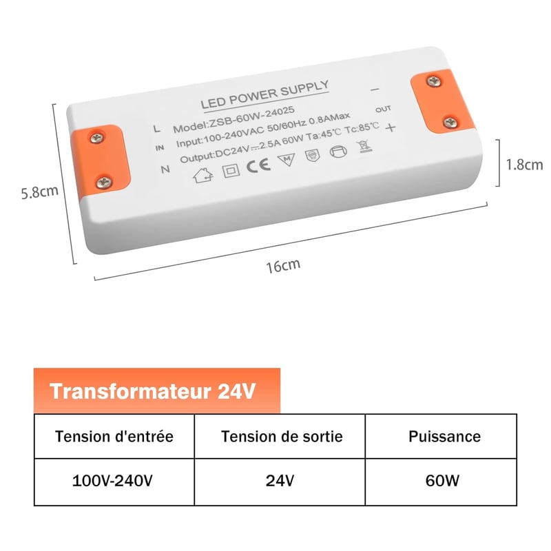 ZAKVOP LED Tápegység 24V 60W, 230V-ról 24V-ra, G4 GU5.3 MR11 MR16 szalagokhoz