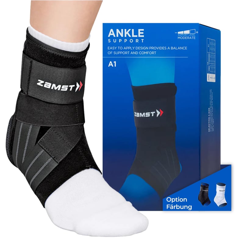 Orteză de gleznă Zamst A1 - Reglabilă, pentru entorse grave și instabilitate cronică, pentru sport, formă anatomică, negru, mărimea M, piciorul drept