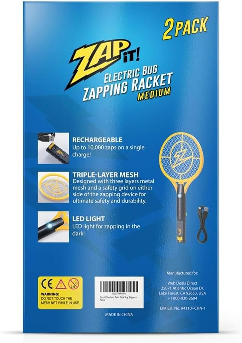Zap It elektromos szúnyogirtó ütő duó, 4000V, USB tölthető, LED világítással, közepes méret, rovarcsapó, légyirtó