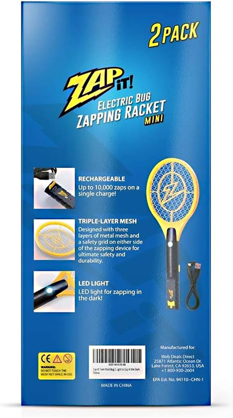 ZAP IT! Mini elektromos rovarirtó ütő 2 dbos tölthető LED fény, elektromos szúnyog és bögölyirtó