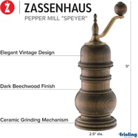 Zassenhaus Speyer antik borsőrlő, sötét fa, 18,5 cm magas 2