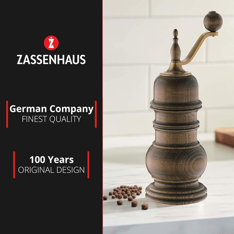 Zassenhaus Speyer antik borsőrlő, sötét fa, 18,5 cm magas