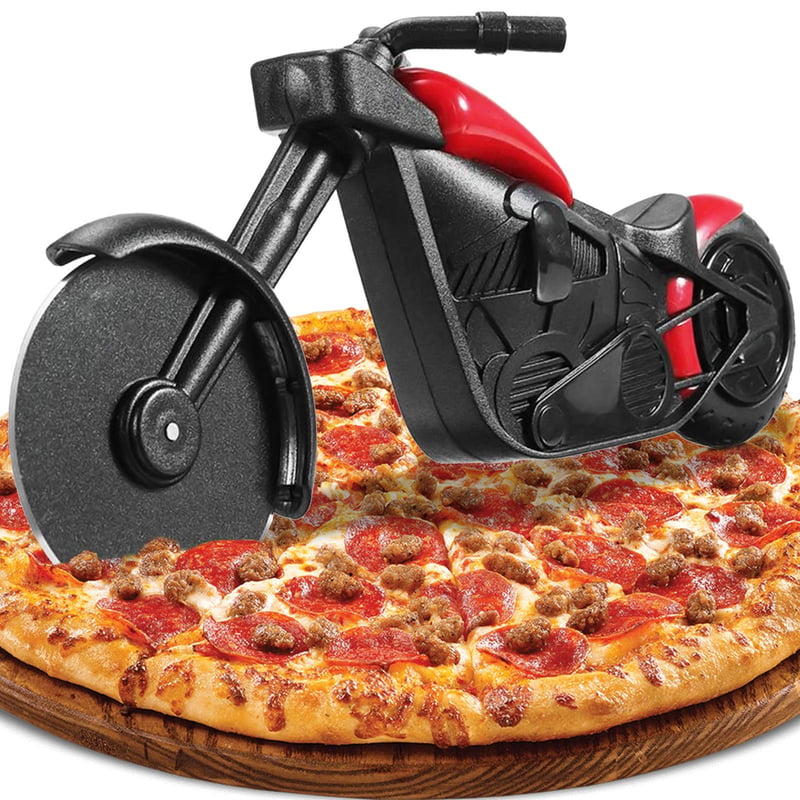 ZAWTR Krájač na pizzu v tvare motorky, červený, nerezový krájač na pizzu so stojanom, vtipný darček na Vianoce, 21,5x8,5 cm