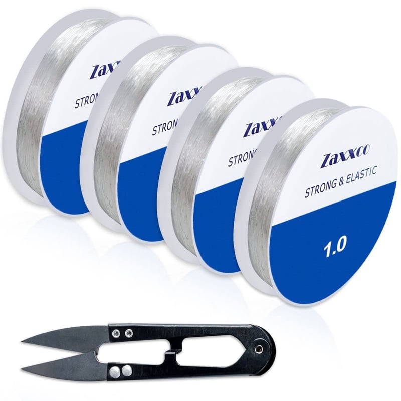 Șnur elastic pentru bijuterii Zaxxco, 4 role - 0,5 mm, 0,7 mm, 0,8 mm, 1,0 mm - Pentru confecționarea brățărilor, rășină, cu tăietor inclus