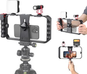 Zeadio univerzalni set za vlogging pametnog telefona s RGB LED svjetlom i mikrofonom, stabilizacijski kavez - crni