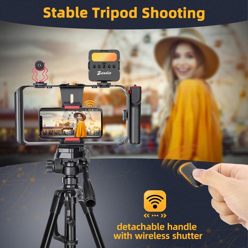 Zeadio Smartphone Vlogging Kit RGB LED Fénnyel és Mikrofonnal - Stabilizátor Cage iPhone Android-hoz