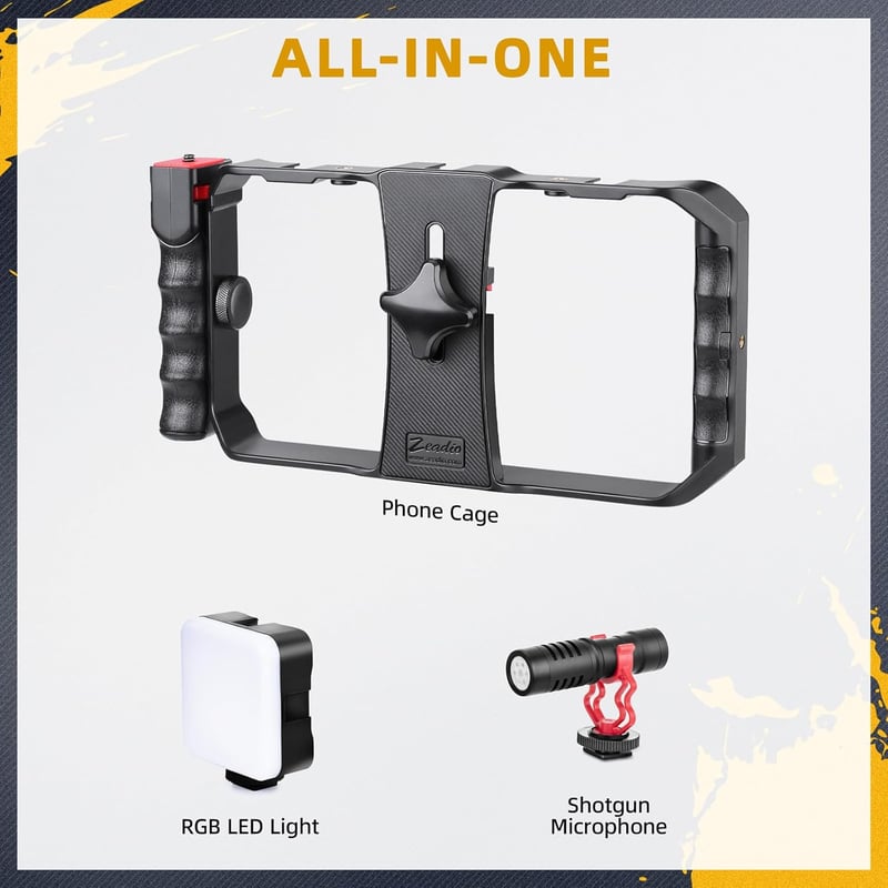 Zeadio Smartphone Vlogging Kit RGB LED Fénnyel és Mikrofonnal - Stabilizátor Cage iPhone Android-hoz