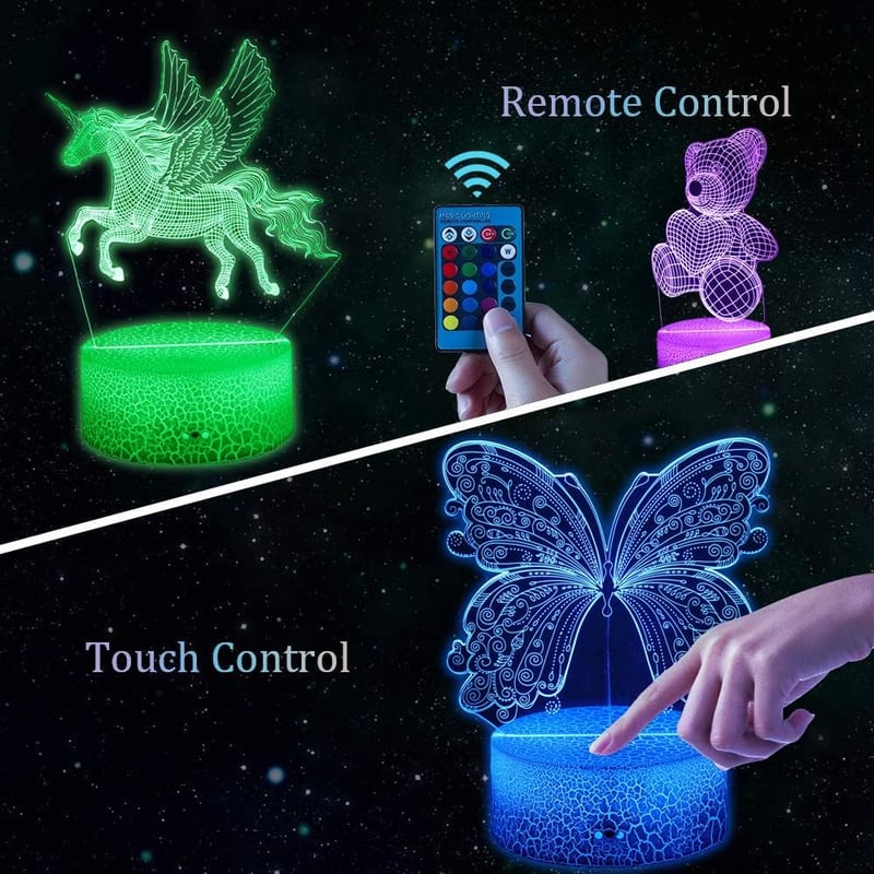 Zeaky 3D LED Éjszakai Lámpa Lányoknak - Unikornis, Pillangó, Maci Mintákkal, 16 Színváltási Lehetőséggel és Távirányítóval - Születésnapi Aj