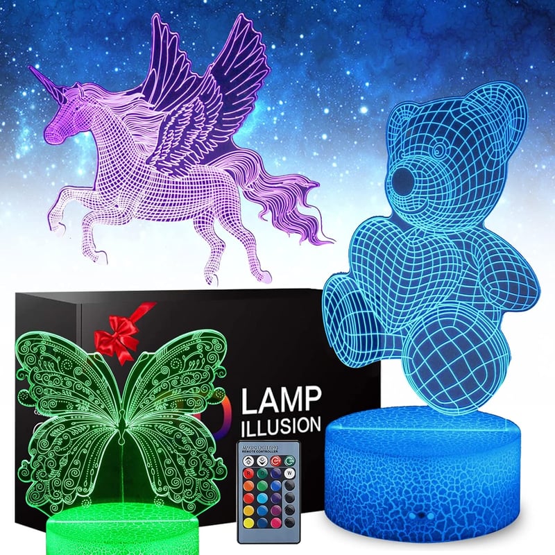 Zeaky 3D LED Éjszakai Lámpa Lányoknak - Unikornis, Pillangó, Maci Mintákkal, 16 Színváltási Lehetőséggel és Távirányítóval - Születésnapi Aj