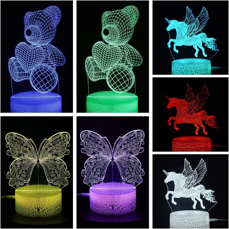 Zeaky 3D LED Éjszakai Lámpa Lányoknak - Unikornis, Pillangó, Maci Mintákkal, 16 Színváltási Lehetőséggel és Távirányítóval - Születésnapi Aj