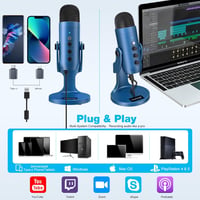 Microfon condensator USB zealsound K66 Blue cu reducere a zgomotului, funcții de mute și amplificare, Plug and Play pentru PC, laptop și telefon, ideal pentru podcast, streaming, AS 2