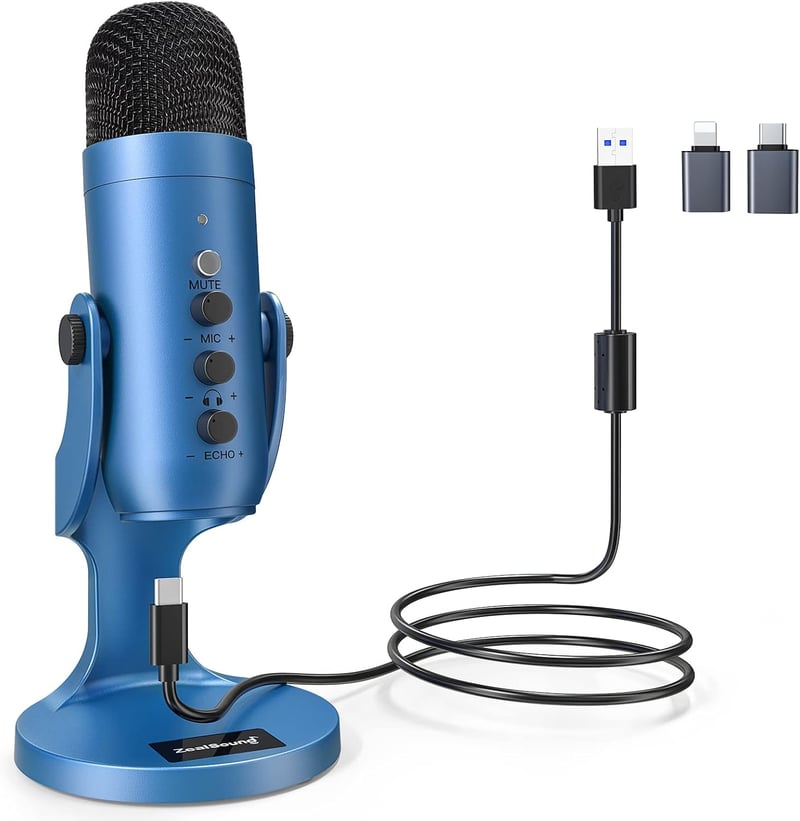 Microfon condensator USB zealsound K66 Blue cu reducere a zgomotului, funcții de mute și amplificare, Plug and Play pentru PC, laptop și telefon, ideal pentru podcast, streaming, AS