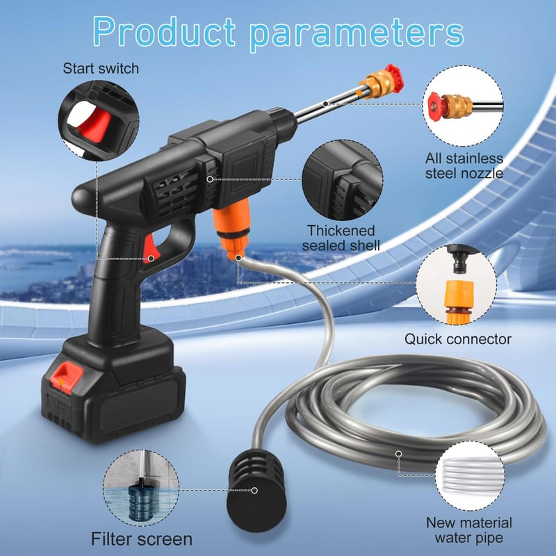 Zebbyee Akkumulátoros Magasnyomású Mosó 90 bar, 6az1-ben Fúvóka, 5m Tömlő