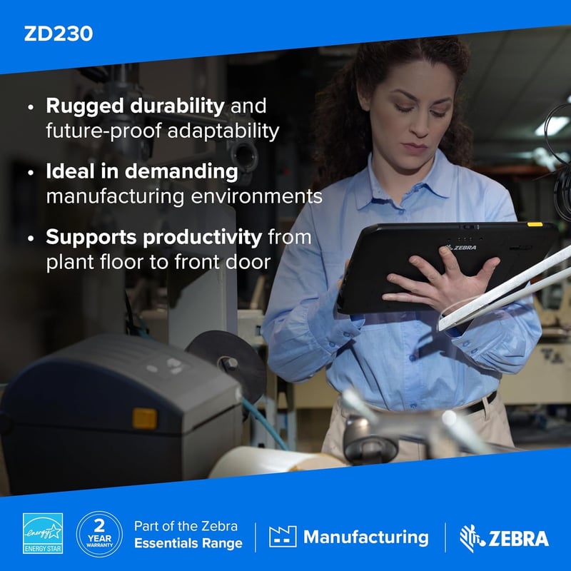 Zebra Technologies ZD230 4 hüvelykes asztali hőátíírásos címkenyomtató USB Wi-Fi Bluetooth logisztikához raktárhoz kereskedelemhez egészségü