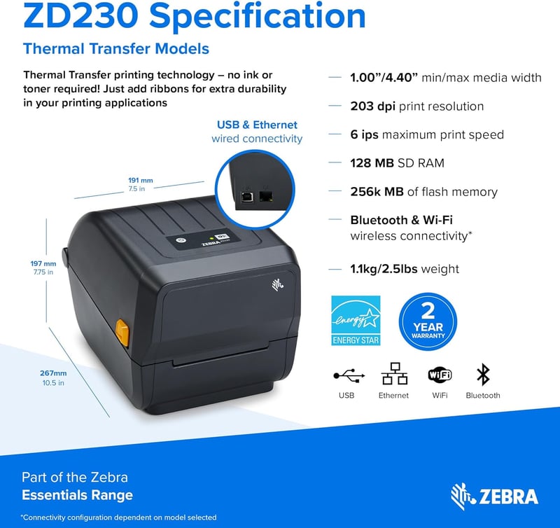 Zebra Technologies ZD230 4 hüvelykes asztali hőátíírásos címkenyomtató USB Wi-Fi Bluetooth logisztikához raktárhoz kereskedelemhez egészségü