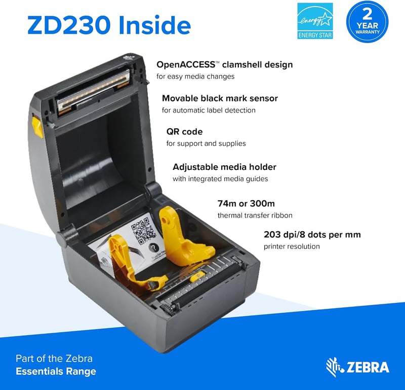 Zebra Technologies ZD230 4 hüvelykes asztali hőátíírásos címkenyomtató USB Wi-Fi Bluetooth logisztikához raktárhoz kereskedelemhez egészségü