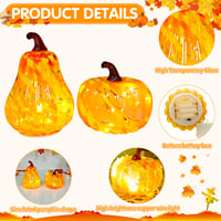 Zecnaud Set 2 Felinare Dovleac din Sticlă Decor de Toamnă Portocaliu Ornamente Halloween pentru Interior cu Lumină Albă Caldă Decor de Sărbătoare pentru Ziua Recunoștinței 3