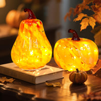 Zecnaud Set 2 Felinare Dovleac din Sticlă Decor de Toamnă Portocaliu Ornamente Halloween pentru Interior cu Lumină Albă Caldă Decor de Sărbătoare pentru Ziua Recunoștinței 1