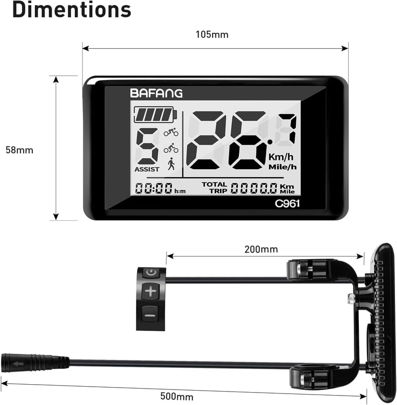 Zeekpowa C961 LCD Kijelző Bafang BBS01B BBS02B BBSHD Motorokhoz - 2,7" E-Bike Kerékpár Komputer 0-9 PAS UART Protokollal, Fekete
