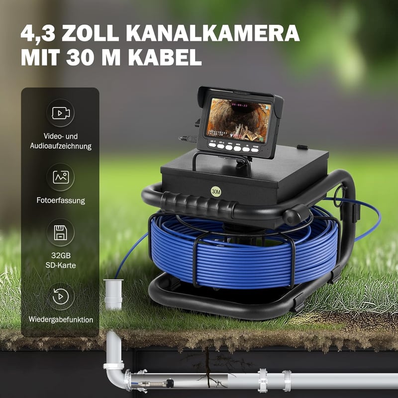 ZELCAN 4,3" Endoszkóp Kamera 1000TVL 30m Kábel 12 LED Vízálló Inspekciós Kamera DVR