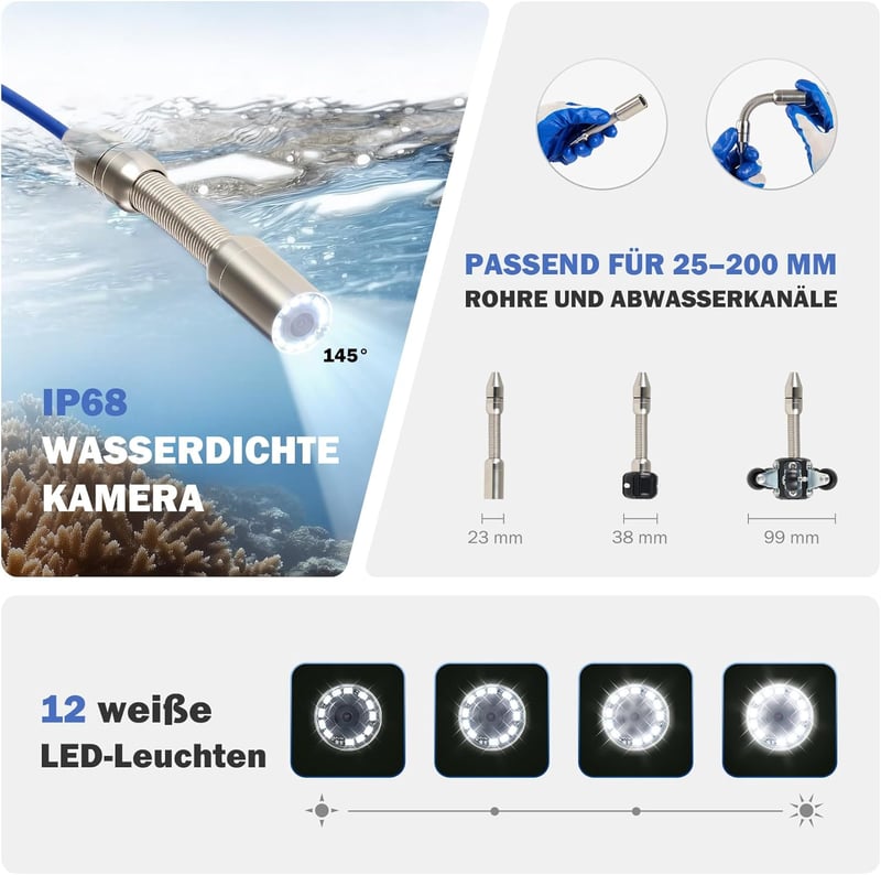 ZELCAN 4,3" Endoszkóp Kamera 1000TVL 30m Kábel 12 LED Vízálló Inspekciós Kamera DVR