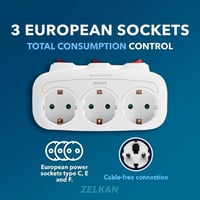 Zelkan nástenná rozvodka s 3 zásuvkami, individuálnymi vypínačmi, bez kábla, s horizontálnym usporiadaním zásuviek, biela 3