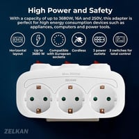 Zelkan nástenná rozvodka s 3 zásuvkami, individuálnymi vypínačmi, bez kábla, s horizontálnym usporiadaním zásuviek, biela 7
