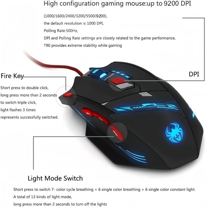 Zelotes T90 Gaming Egér 9200 DPI 8 Gomb LED Világítás Profi Gamer - black