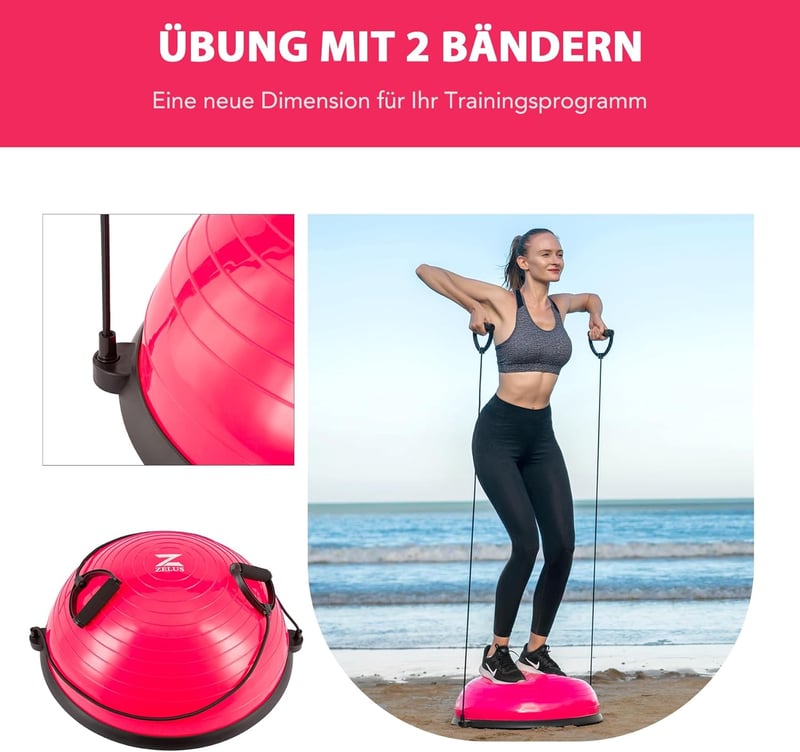 ZELUS Félgömb Egyensúlyozó Labda Rózsaszín - Csúszásgátló Edzőlabda Ellenálló Gumiszalagokkal Jóga, Fitness és Core Tréninghez