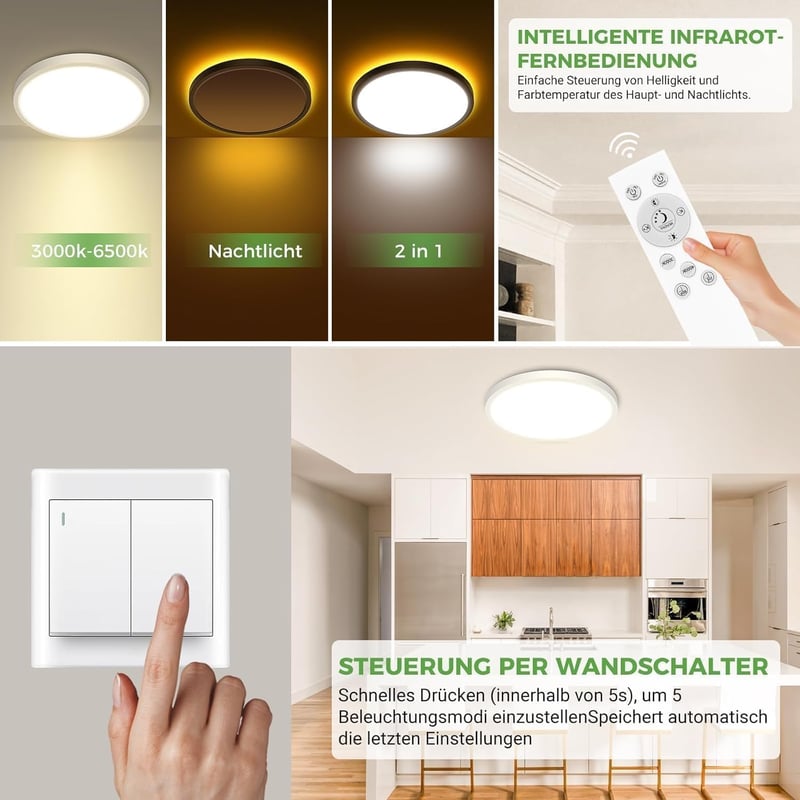 zemty 22 cm LED mennyezeti lámpa dimmelhető távirányítóval, 1500 lumen, éjszakai fény funkcióval