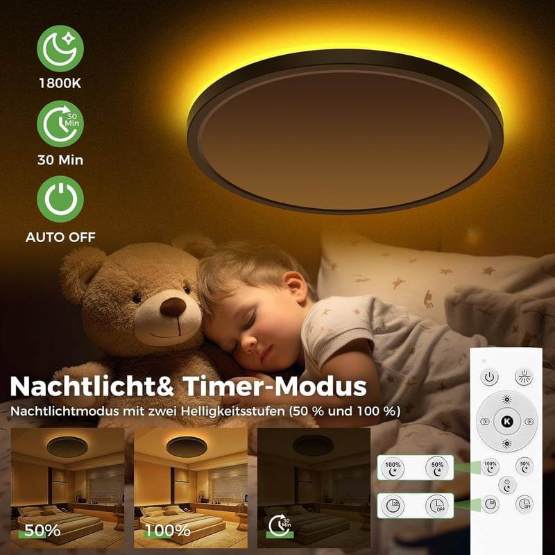 zemty 22 cm LED mennyezeti lámpa dimmelhető távirányítóval, 1500 lumen, éjszakai fény funkcióval