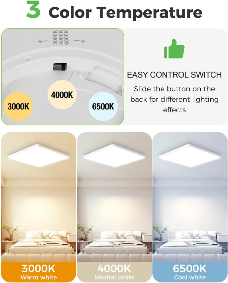 zemty LED Mennyezeti Lámpa 24W 29,5cm - Négyzet Alakú Ultravékony Panel 3 Színhőmérséklettel (3000K/4000K/6500K) - IP44 Vízálló Modern Világ
