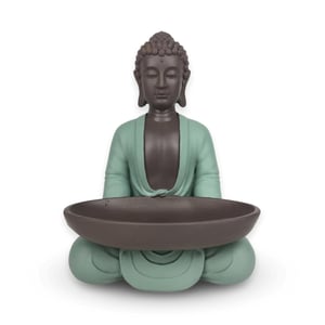 Zen'Light Buddha figura s posudom, zeleno-smeđa, 20 cm, Zen i Feng Shui dekoracija, stolna — oguljena boja (stanje: vidi 2. sliku)