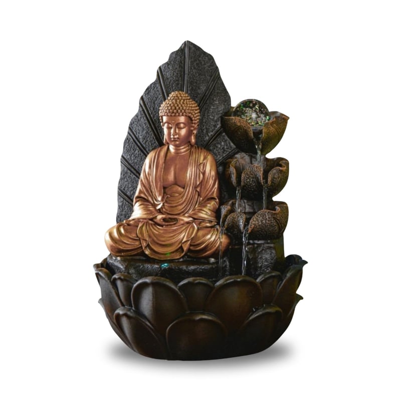 Fântână arteziană de interior Zen Light Buddha Hartha - iluminare LED, pompă silențioasă, decorațiune Zen și Feng Shui, maro-auriu, 27x27x40 cm