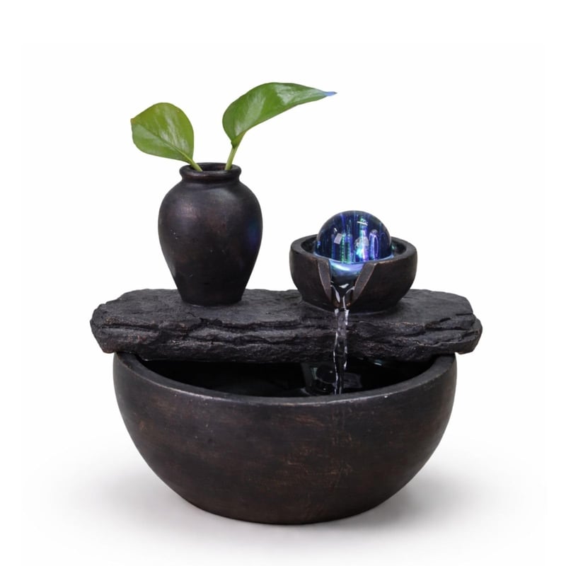 Fântână decorativă de interior Zen Light Silice cu vază și lumină LED colorată, castaniu, 19x21x17 cm