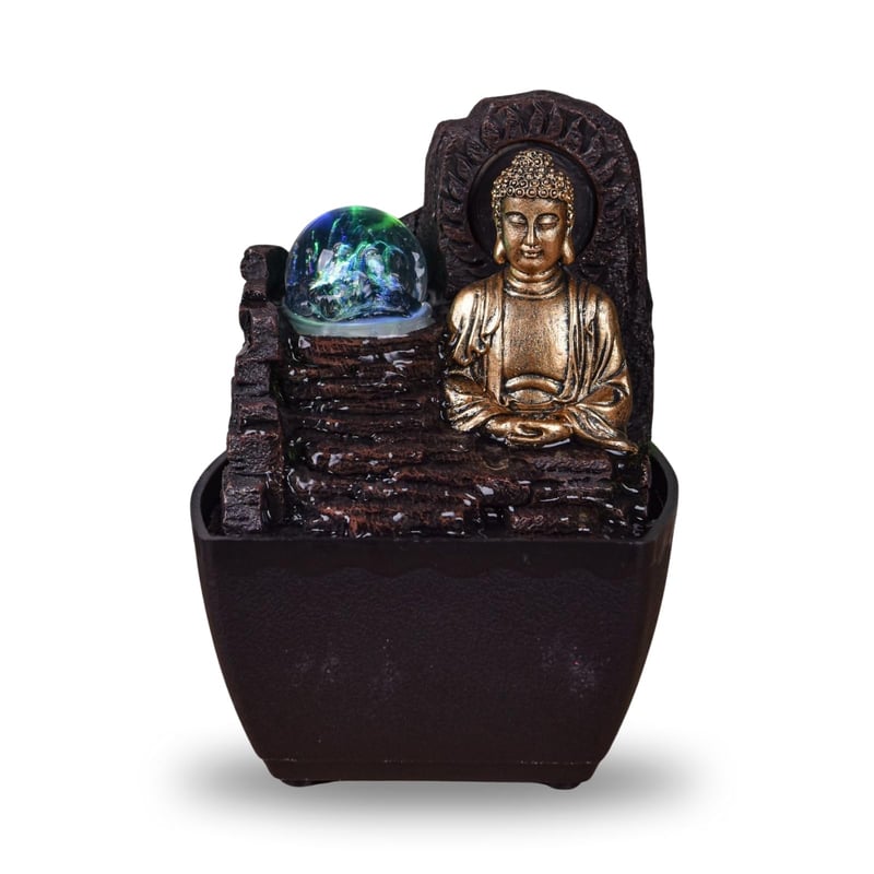 Zen'Light Theravada Zen Budha stolová interiérová fontána s farebným LED osvetlením – Feng Shui dekorácia – hnedo-zlatá – 18 cm – tip na darček